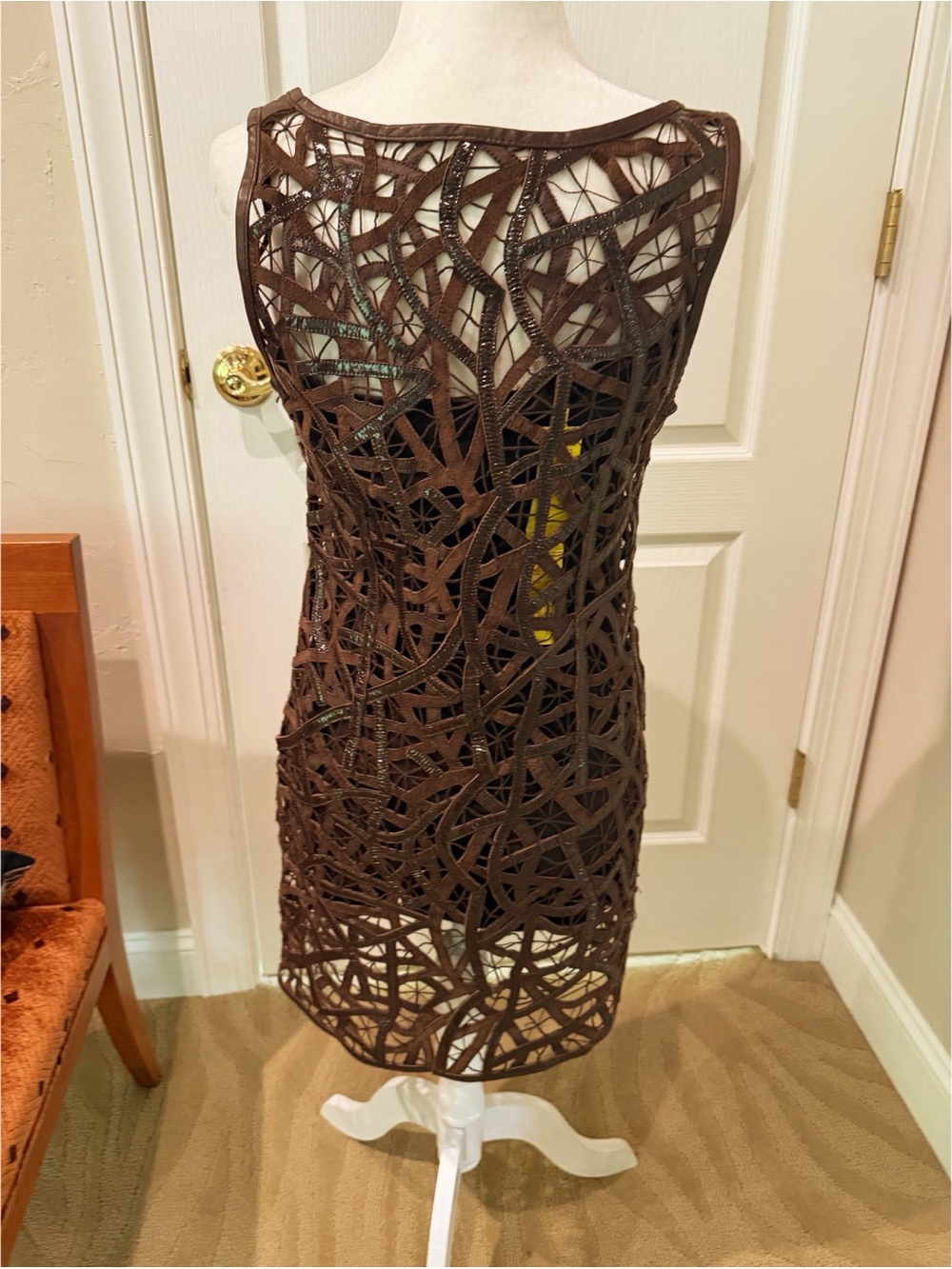NWT Catherine Malandrino Sleeveless Brown Leather Dress with Cutouts - Picture 4 of 6